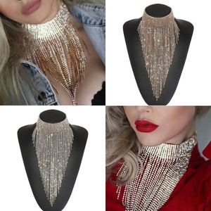 Y2k Diamond & Gold Necklace 🌟Statement Choker🌟 Fringe 🌟Lab Grown Diamond Bib